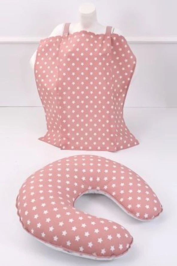 Umaybebek Emzirme Yastığı, Emzirme Önlüğü Set - %100 Pamuk - Pudra Yıldız-