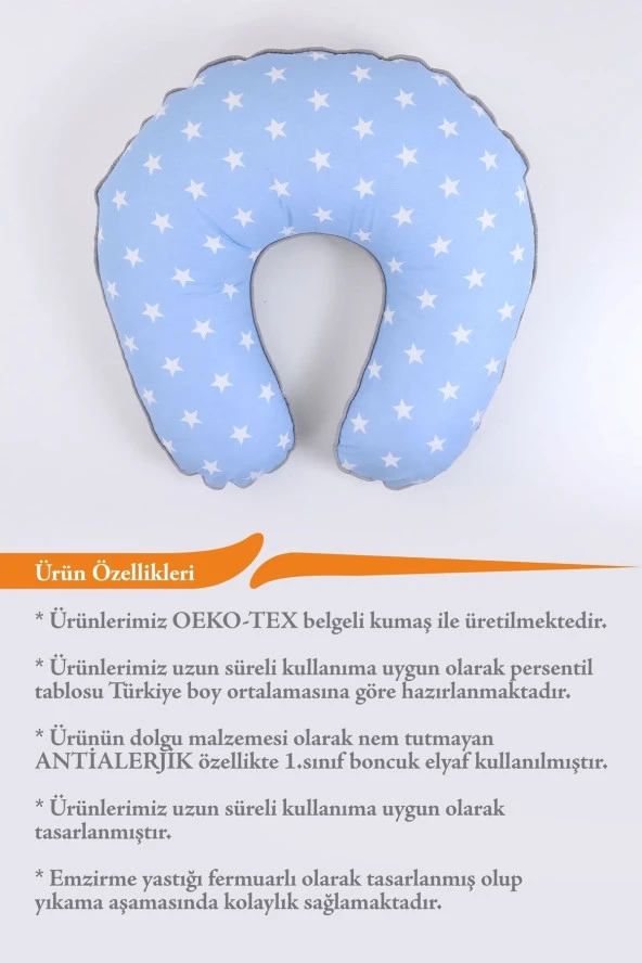 Umaybebek Emzirme Yastığı Minderi, Pamuk Kumaş - Mavi Yıldız- - 3