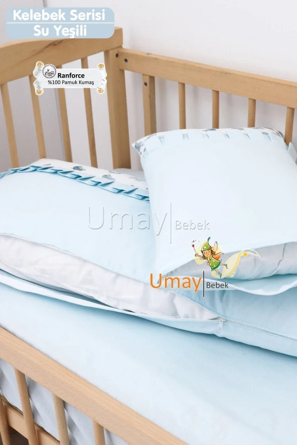 Umaybebek 60x120, Bebek Nevresim Takımı, Dolgu Korumalık, Düz Çarşaf - %100 Pamuk-Su Yeşili Kelebek - 3