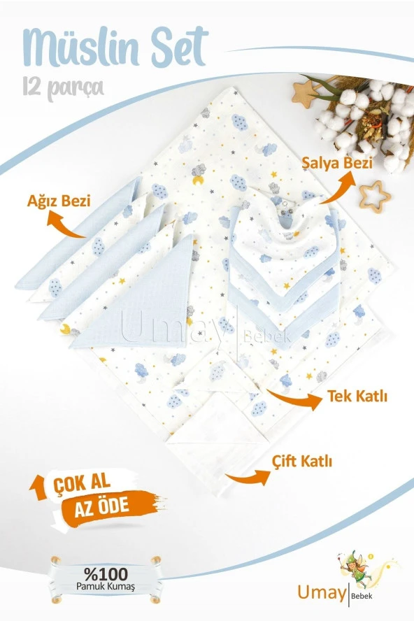 Umaybebek 12 Parça Organik Müslin Bebek Pikesi, Battaniyesi, Ağız Bezi, Salya Bezi, Önlük-Mavi Bulut ürün görseli 1