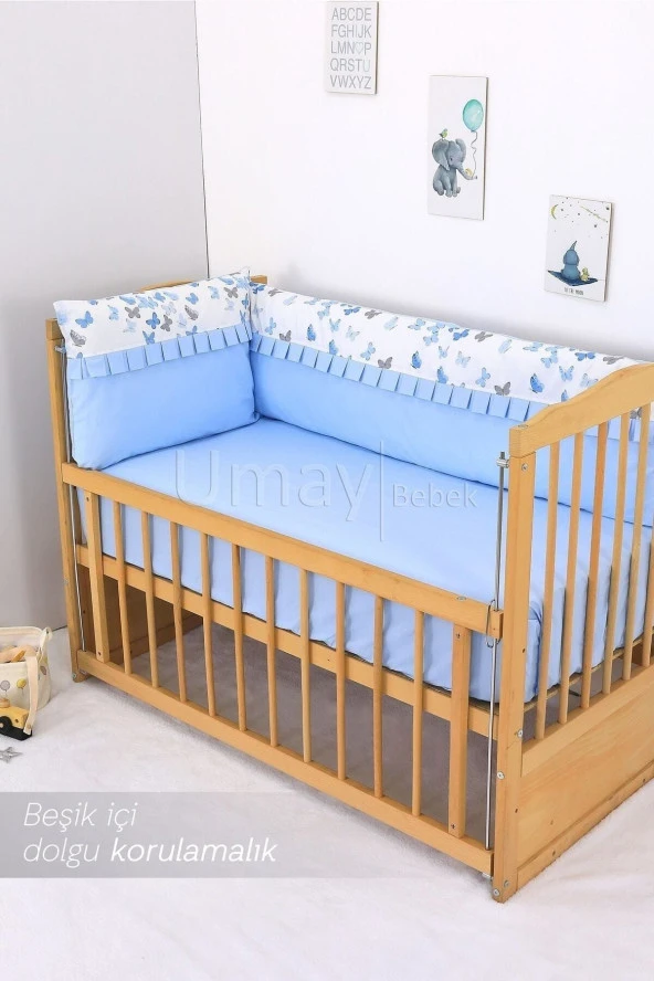 Umaybebek 70x110, Bebek Nevresim Takımı, Dolgu Korumalık, Düz Çarşaf - %100 Pamuk-Mavi Kelebek - 3