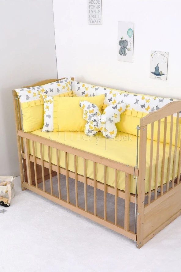 Umaybebek 70x130, Bebek Nevresim Takımı, Dolgu Korumalık, Düz Çarşaf - %100 Pamuk-Sarı Kelebek - 2