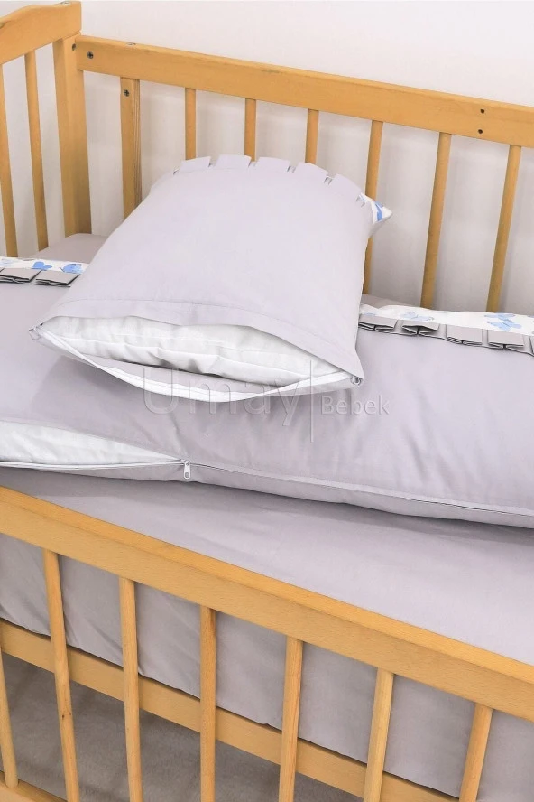 Umaybebek 70x130, Bebek Nevresim Takımı, Dolgu Korumalık, Düz Çarşaf - %100 Pamuk-Mavi/Gri Kelebek - 4