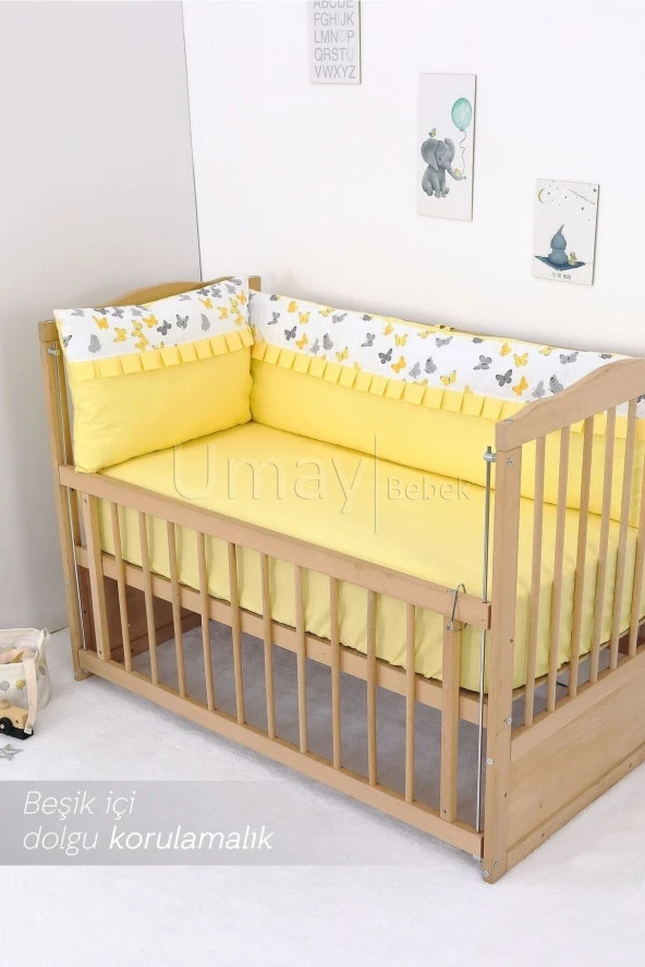 Umaybebek 70x130, Bebek Nevresim Takımı, Dolgu Korumalık, Düz Çarşaf - %100 Pamuk-Sarı Kelebek - 3