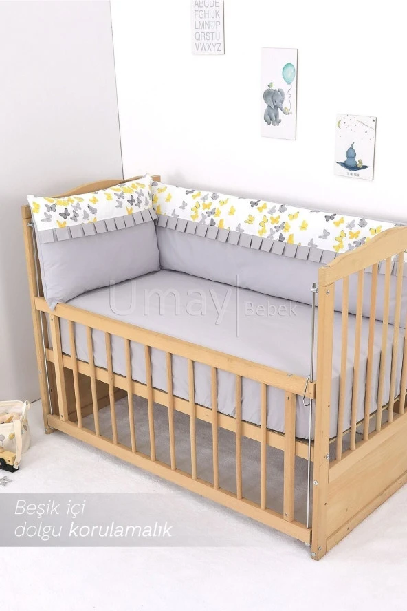 Umaybebek 60x120, Bebek Nevresim Takımı, Dolgu Korumalık, Düz Çarşaf - %100 Pamuk-Sarı/Gri Kelebek - 3