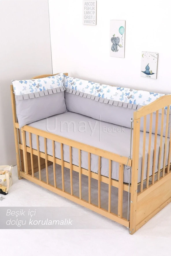 Umaybebek 60x120, Bebek Nevresim Takımı, Dolgu Korumalık, Düz Çarşaf - %100 Pamuk-Mavi/Gri Kelebek - 2