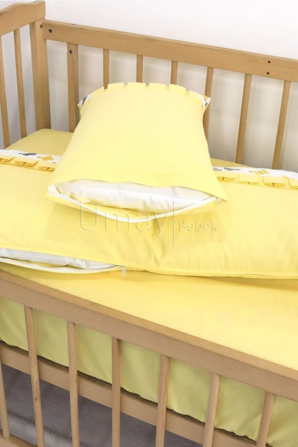 Umaybebek 70x130, Bebek Nevresim Takımı, Dolgu Korumalık, Düz Çarşaf - %100 Pamuk-Sarı Kelebek - 4