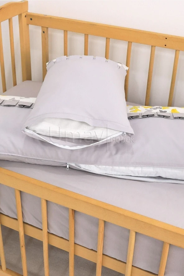 Umaybebek 60x120, Bebek Nevresim Takımı, Dolgu Korumalık, Düz Çarşaf - %100 Pamuk-Sarı/Gri Kelebek - 4