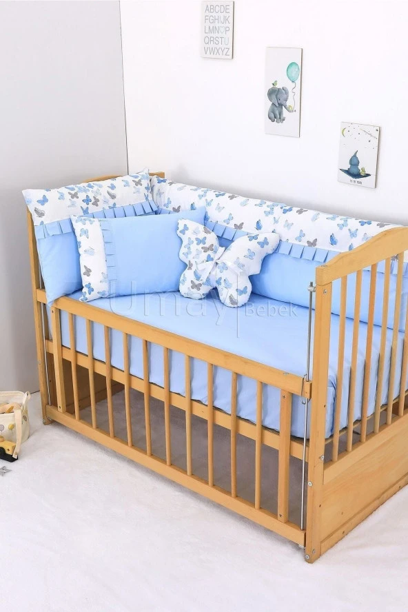 Umaybebek 60x120, Bebek Nevresim Takımı, Dolgu Korumalık, Düz Çarşaf - %100 Pamuk-Mavi Kelebek - 3