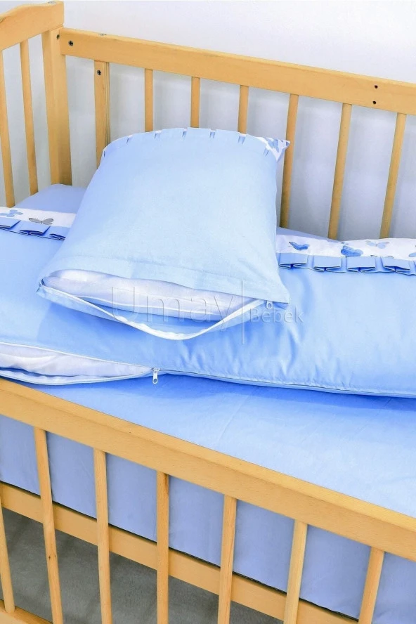 Umaybebek 60x120, Bebek Nevresim Takımı, Dolgu Korumalık, Düz Çarşaf - %100 Pamuk-Mavi Kelebek - 4