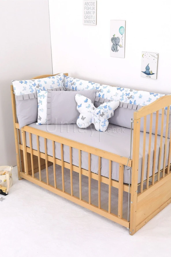 Umaybebek 70x110 Bebek Nevresim Takımı, Dolgu Korumalık, Düz Çarşaf - %100 Pamuk-Mavi Gri Kelebek - 2