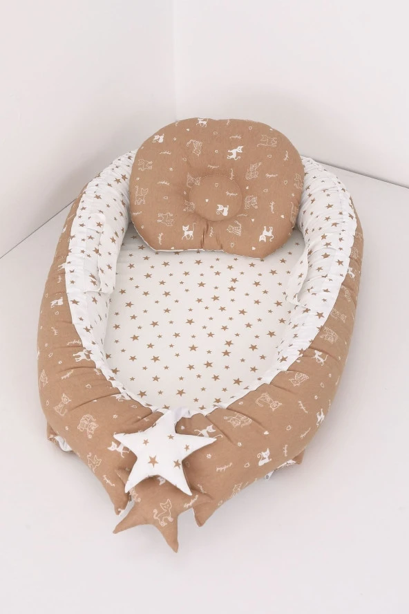 Umaybebek Babynest, Bebek Uyku Yatağı 0-2 Yaş - Kedi Desen-Kahve Yıldız Kedi