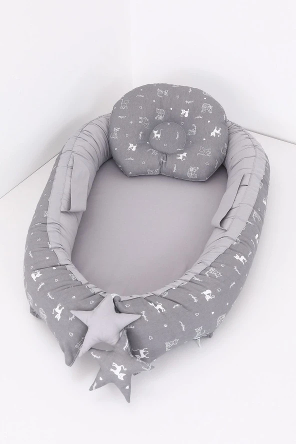 Umaybebek Babynest, Bebek Uyku Yatağı 0-2 Yaş - Kedi Desen-Gri Kedi