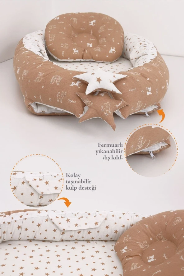 Umaybebek Babynest, Bebek Uyku Yatağı 0-2 Yaş - Kedi Desen-Kahve Yıldız Kedi - 2