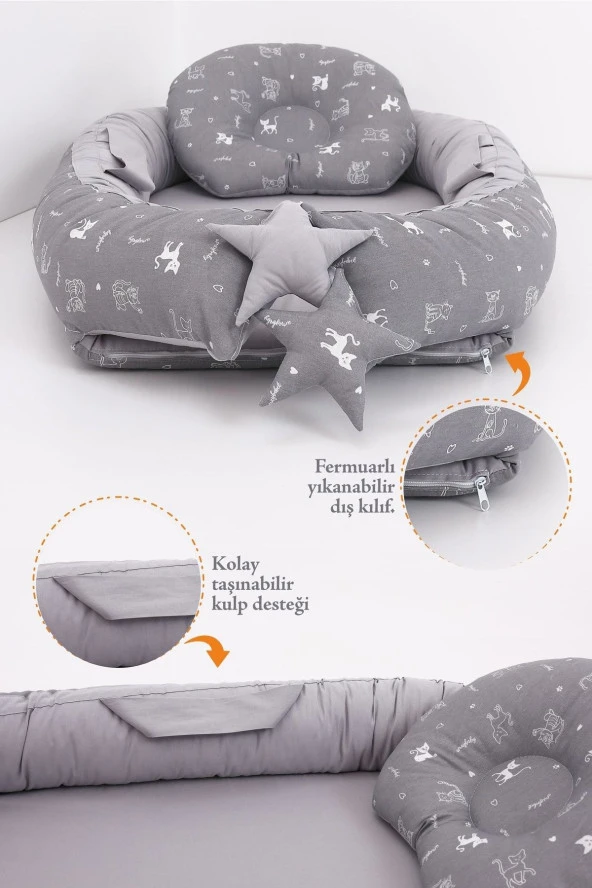 Umaybebek Babynest, Bebek Uyku Yatağı 0-2 Yaş - Kedi Desen-Gri Kedi - 2