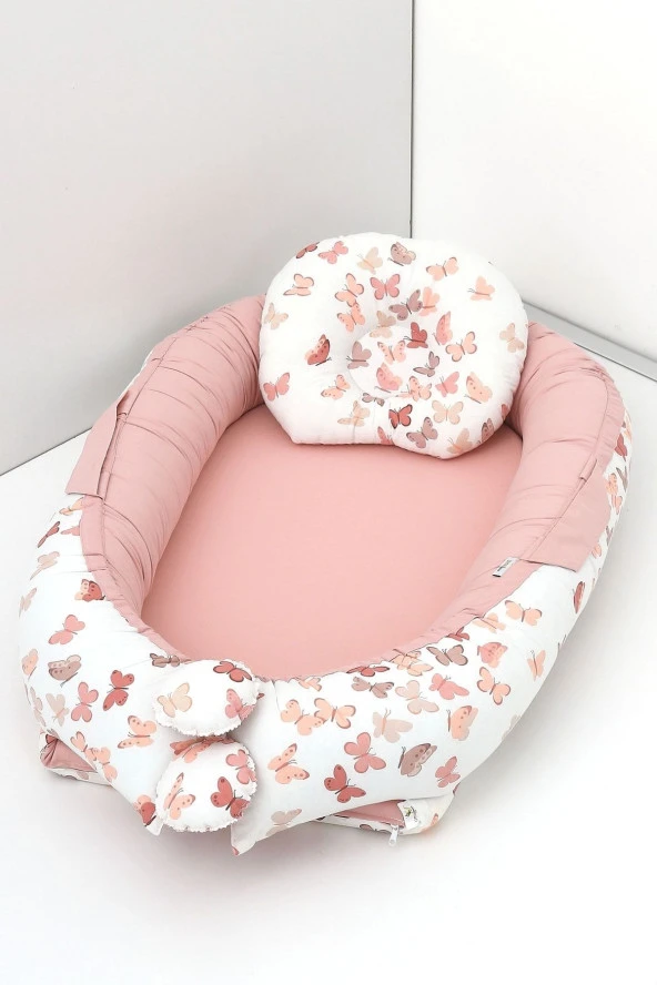 Umaybebek Babynest, Bebek Uyku Yatağı 0-2 Yaş - %100 Pamuk-Pembe Kelebek