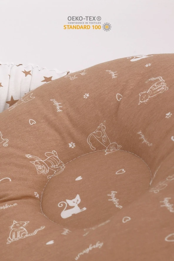 Umaybebek Babynest, Bebek Uyku Yatağı 0-2 Yaş - Kedi Desen-Kahve Yıldız Kedi - 3