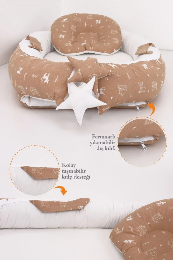 Umaybebek Babynest, Bebek Uyku Yatağı 0-2 Yaş - Kedi Desen-Kahve Kedi - 2