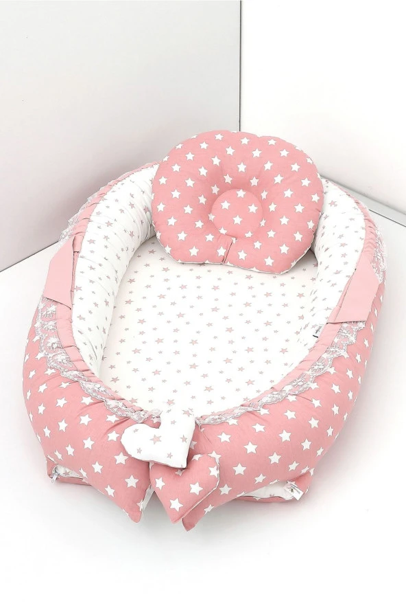 Umaybebek Babynest, Bebek Uyku Yatağı 0-2 Yaş - %100 Pamuk-Pudra Yıldız