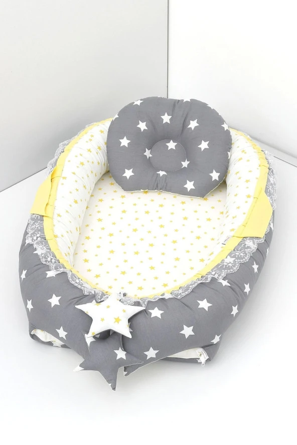 Babynest, Bebek Uyku Yatağı 0-2 Yaş - %100 Pamuk-Koyu Gri Sarı