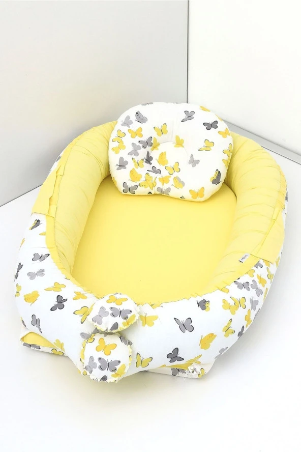 Umaybebek Babynest, Bebek Uyku Yatağı 0-2 Yaş - %100 Pamuk-Sarı Kelebek