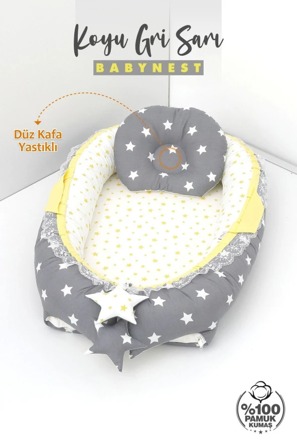 Umaybebek Babynest, Bebek Uyku Yatağı 0-2 Yaş - %100 Pamuk-Koyu Gri Sarı - 2