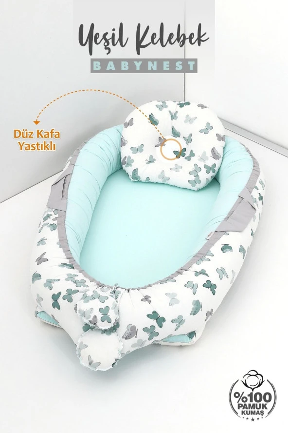 Umaybebek Babynest, Bebek Uyku Yatağı 0-2 Yaş - %100 Pamuk-Yeşil Kelebek - 2