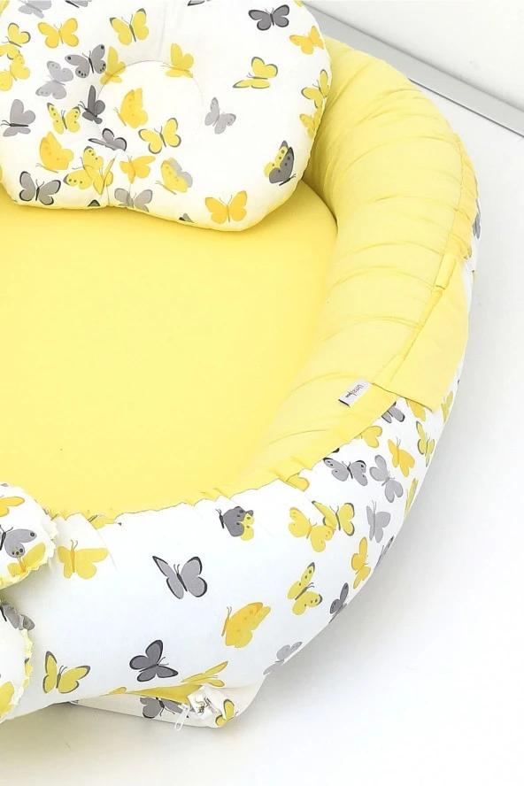 Umaybebek Babynest, Bebek Uyku Yatağı 0-2 Yaş - %100 Pamuk-Sarı Kelebek - 3