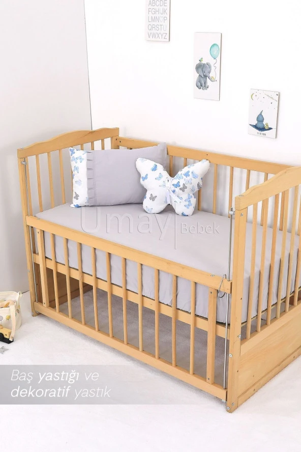 Umaybebek 70x110 Bebek Nevresim Takımı, Dolgu Korumalık, Düz Çarşaf - %100 Pamuk-Mavi Gri Kelebek - 4
