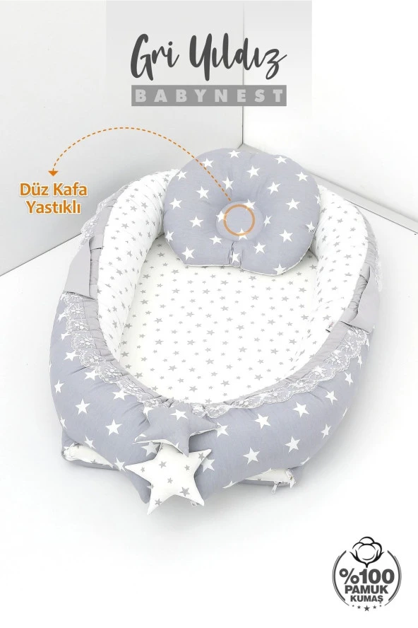 Umaybebek Babynest, Bebek Uyku Yatağı 0-2 Yaş - %100 Pamuk-Açık Gri Yıldız - 2