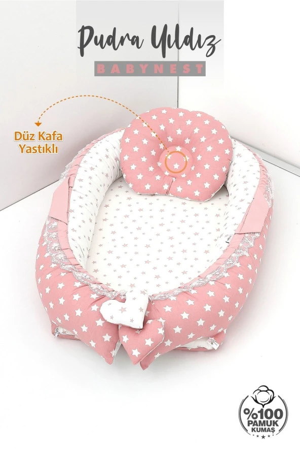 Umaybebek Babynest, Bebek Uyku Yatağı 0-2 Yaş - %100 Pamuk-Pudra Yıldız - 2