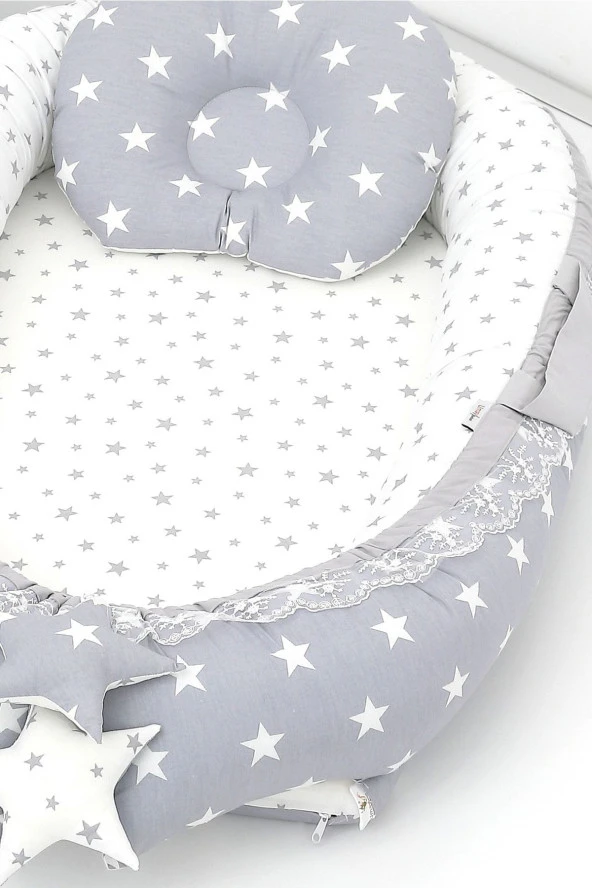 Umaybebek Babynest, Bebek Uyku Yatağı 0-2 Yaş - %100 Pamuk-Açık Gri Yıldız - 3