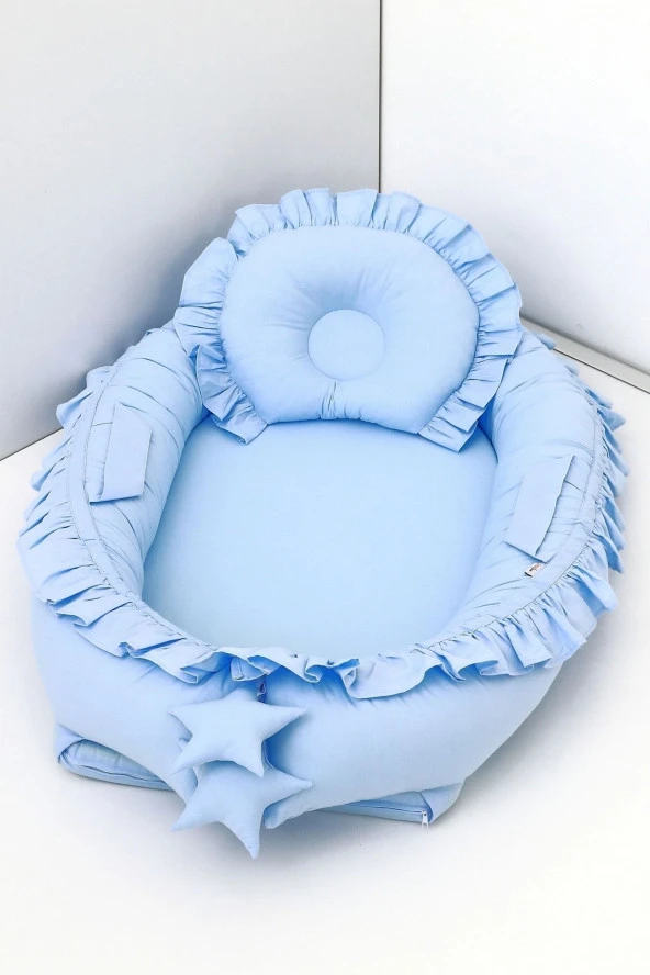 Umaybebek Babynest, Bebek Uyku Yatağı 0-2 Yaş - %100 Pamuk-Mavi Fırfırlı