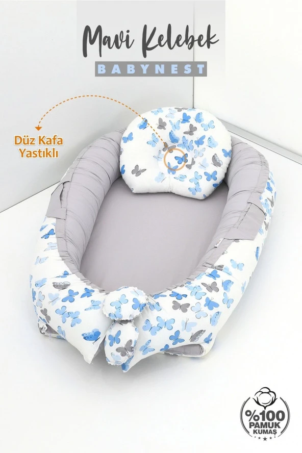 Umaybebek Babynest, Bebek Uyku Yatağı 0-2 Yaş - %100 Pamuk-Mavi Kelebek - 2