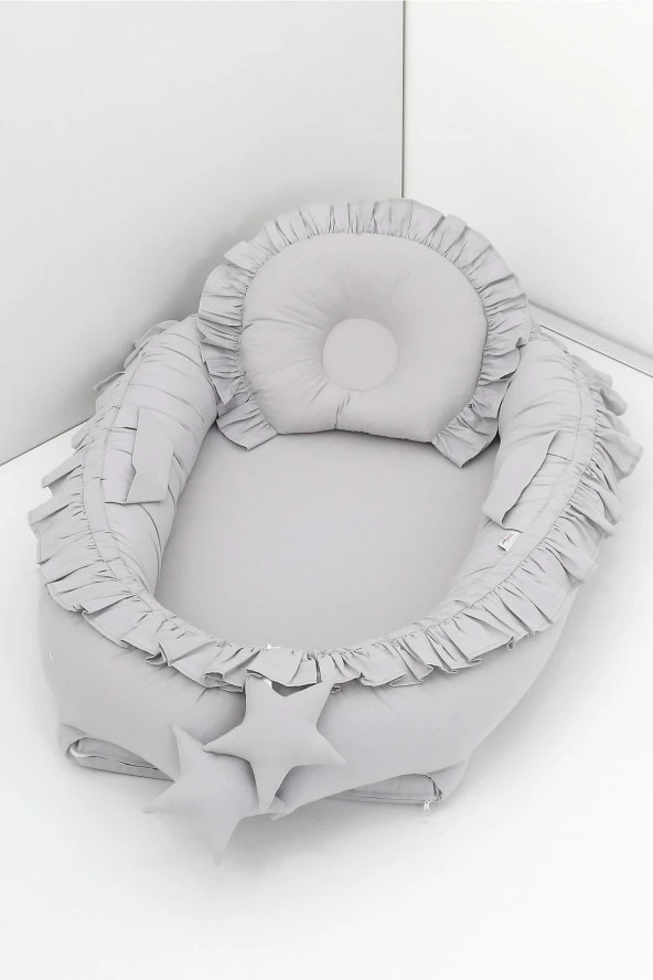 Umaybebek Babynest, Bebek Uyku Yatağı 0-2 Yaş - %100 Pamuk-Gri Fırfırlı
