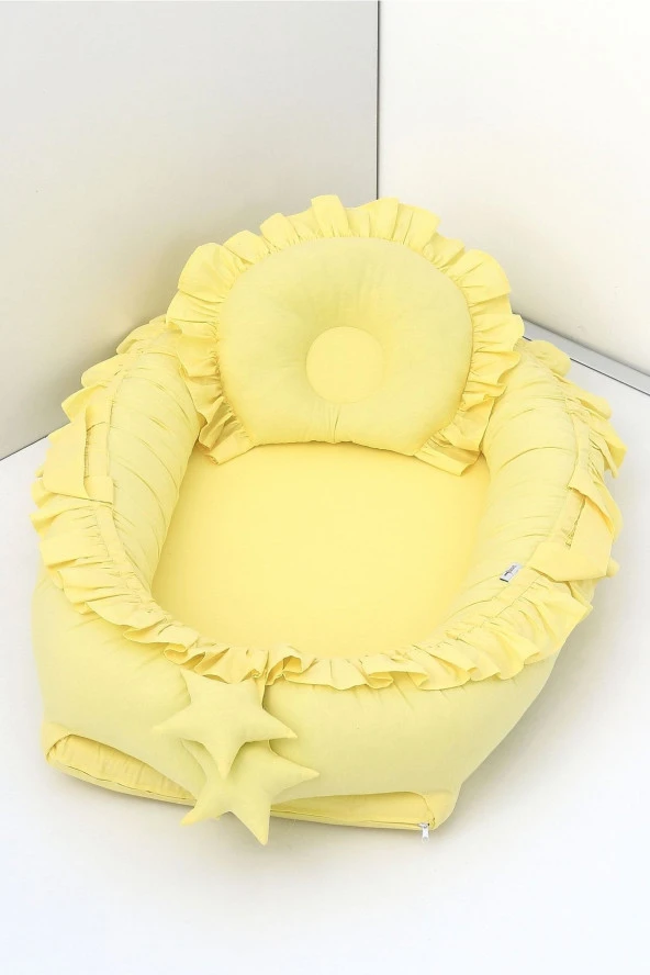 Babynest, Bebek Uyku Yatağı 0-2 Yaş - %100 Pamuk-Sarı Fırfırlı