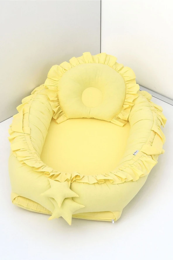 Umaybebek Babynest, Bebek Uyku Yatağı 0-2 Yaş - %100 Pamuk-Sarı Fırfırlı