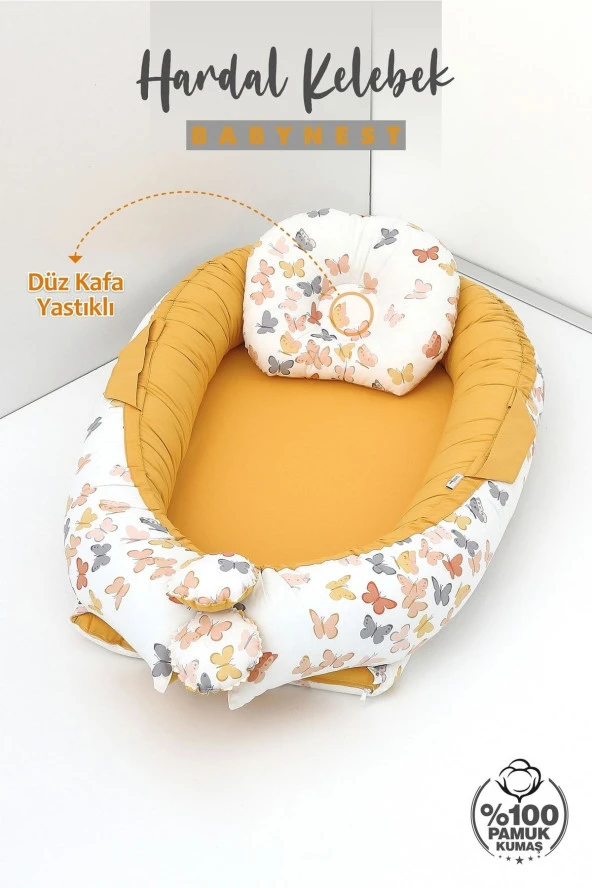 Umaybebek Babynest, Bebek Uyku Yatağı 0-2 Yaş - %100 Pamuk-Hardal Kelebek - 2