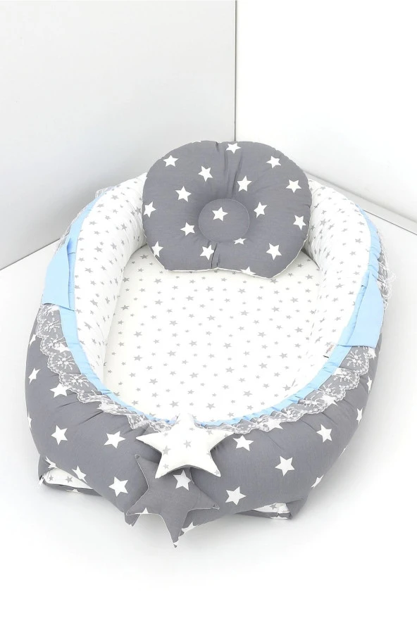 Umaybebek Babynest, Bebek Uyku Yatağı 0-2 Yaş - %100 Pamuk-Koyu Gri Mavi