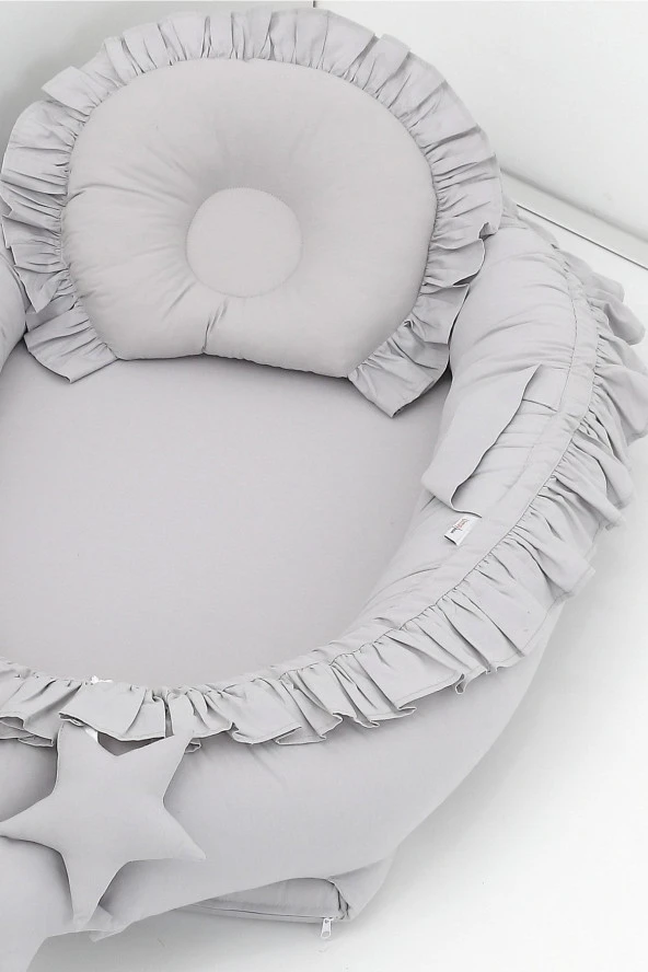 Umaybebek Babynest, Bebek Uyku Yatağı 0-2 Yaş - %100 Pamuk-Gri Fırfırlı - 3