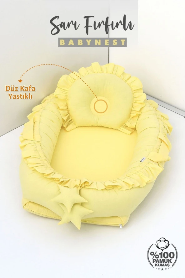 Umaybebek Babynest, Bebek Uyku Yatağı 0-2 Yaş - %100 Pamuk-Sarı Fırfırlı - 2
