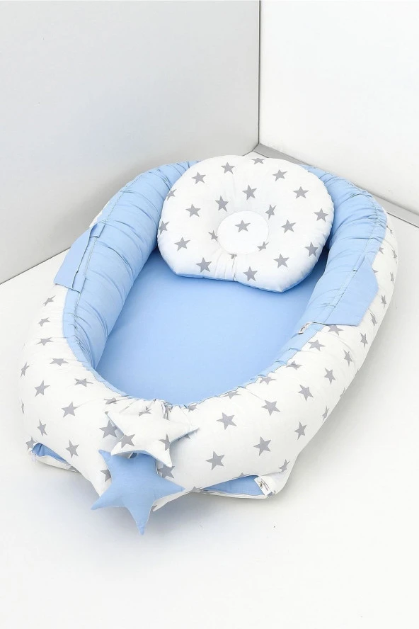 Babynest, Bebek Uyku Yatağı 0-2 Yaş - %100 Pamuk-Mavi Beyaz