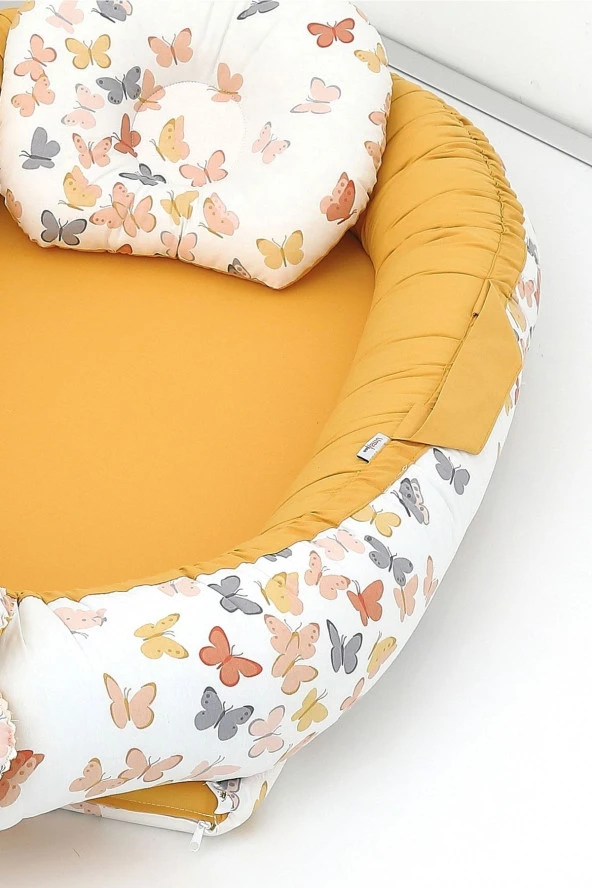Umaybebek Babynest, Bebek Uyku Yatağı 0-2 Yaş - %100 Pamuk-Hardal Kelebek - 3
