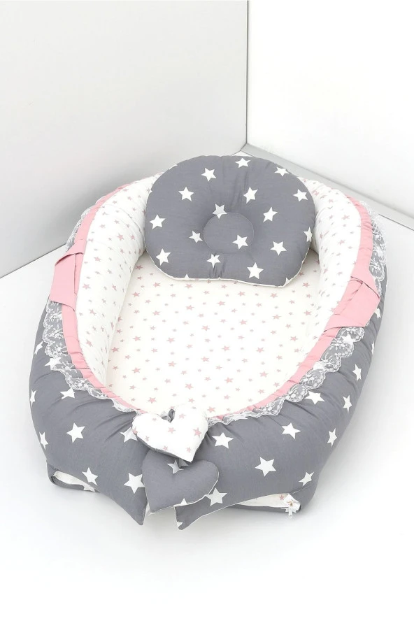 Umaybebek Babynest, Bebek Uyku Yatağı 0-2 Yaş - %100 Pamuk-Koyu Gri Pudra