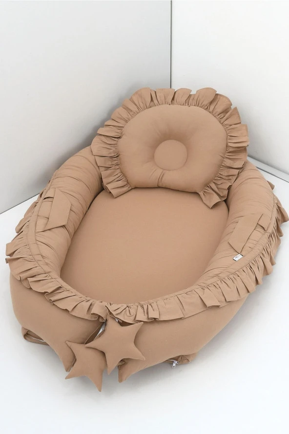 Umaybebek Babynest, Bebek Uyku Yatağı 0-2 Yaş - %100 Pamuk-Kahve Fırfırlı