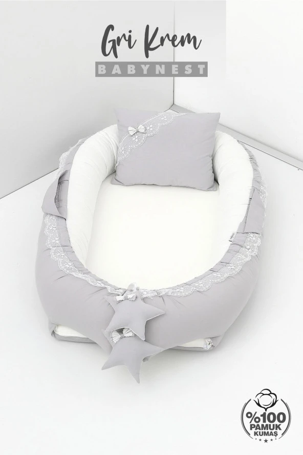 Umaybebek Babynest, Bebek Uyku Yatağı 0-2 Yaş - %100 Pamuk-Gri Krem - 2