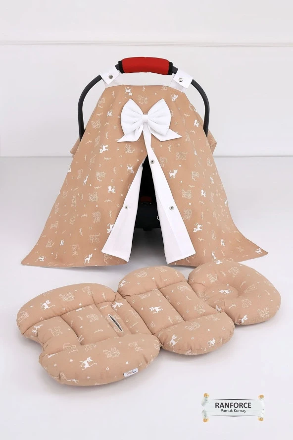 Umaybebek Puset Örtüsü Puset Minderi 2 Parça - Bel Destekli - Kedi Desen-kahve kedi