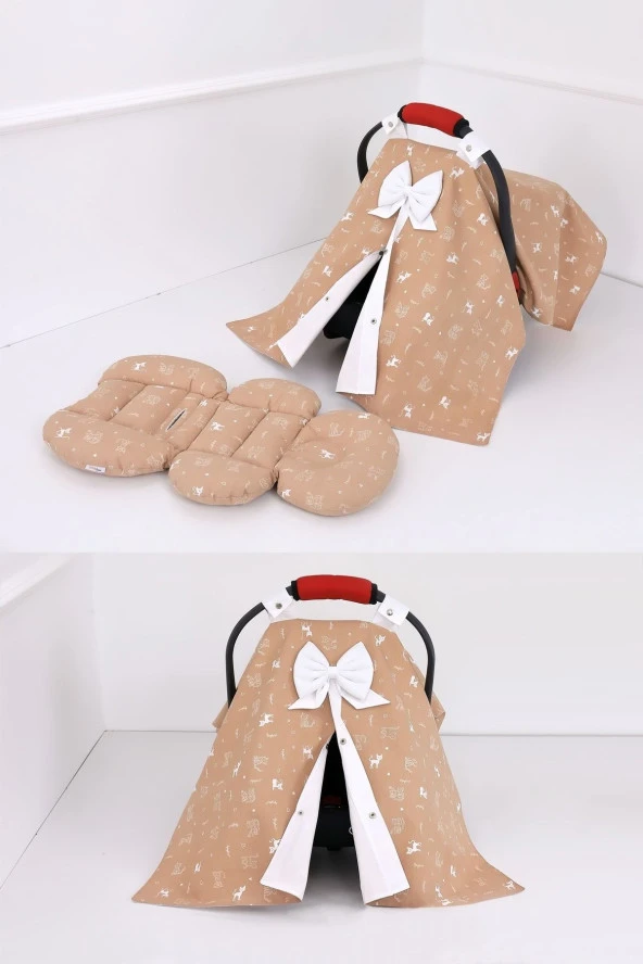 Umaybebek Puset Örtüsü Puset Minderi 2 Parça - Bel Destekli - Kedi Desen-kahve kedi - 2