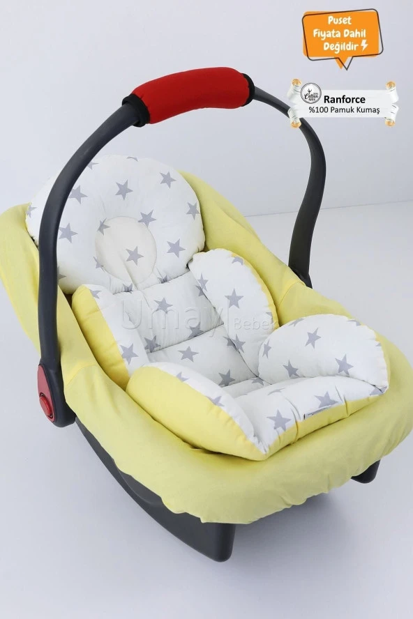 Umaybebek 2 Parça - Bel Destekli Puset Minderi, Puset Çarşafı, Pamuk Kumaş - Orijinal Ürün-Sarı Beyaz Yıldız ürün görseli 1