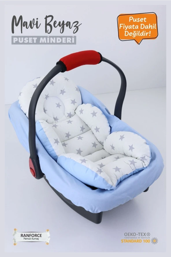 Umaybebek 2 Parça - Bel Destekli Puset Minderi, Puset Çarşafı, Pamuk Kumaş - Orijinal Ürün-Mavi Beyaz Yıldız - Resim 2